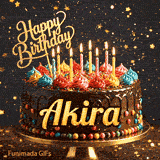 Bold golden lettering spelling Akira on a gourmet chocolate cake decorated with small colorful candies at the base.
