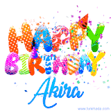 Animated GIF with colorful, festive 'Happy Birthday Akira' text decorated with patterns, a party hat, and falling confetti. A vibrant and cheerful design for birthday celebrations.