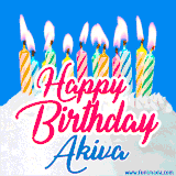 A cheerful animated GIF featuring colorful lit birthday candles on a white cake, with the text 'Happy Birthday Akiva' in bold red and blue script on a bright blue background.