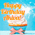 A cheerful animated GIF of a cupcake with creamy frosting, a red checkered ribbon, and a bright sparkler on top. The text 'Happy Birthday Akiva!' is displayed in vibrant orange and red.
