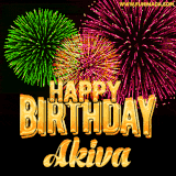 A captivating GIF with bursts of green, pink, and orange fireworks lighting up the night sky, accompanied by 'Happy Birthday Akiva' in glowing golden text.