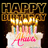 A vibrant animated GIF featuring a delicious birthday cake topped with glowing candles and the name 'Akiva' in elegant script, and the words 'Happy Birthday' on the black background.
