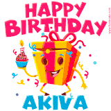A funny animated birthday GIF with the words 'Happy Birthday Akivaa', colorful gift box with arms and legs, holding a cupcake with a lit candle  with confetti everywhere.