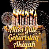A chocolate birthday cake with glowing candles, the German text 'Alles Gute zum Geburtstag Akiyah,' and vibrant fireworks lighting up the background in an animated GIF.