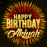 Golden 'Happy Birthday Akiyah' text accompanied by animated rainbow fireworks for a festive animated greeting.