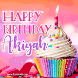 A vibrant birthday GIF featuring a rainbow-colored cupcake topped with white frosting, sprinkles, and a lit candle. The text reads 'Happy Birthday Akiyah' in bold pink and violet letters with white outline.