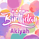 A vibrant name GIF featuring colorful balloons in shades of pink, orange, and yellow with the bold text 'Happy Birthday Akiyah' in festive fonts, creating a lively birthday vibe.