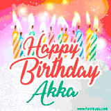 Bright birthday candles with rainbow flames on a cake, alongside the text 'Happy Birthday Akka' in vibrant script in this celebratory animated GIF.