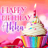 A vibrant birthday GIF featuring a rainbow-colored cupcake topped with white frosting, sprinkles, and a lit candle. The text reads 'Happy Birthday Akka' in bold pink and violet letters with white outline.
