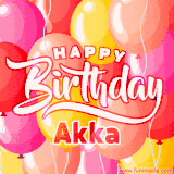 A vibrant name GIF featuring colorful balloons in shades of pink, orange, and yellow with the bold text 'Happy Birthday Akka' in festive fonts, creating a lively birthday vibe.