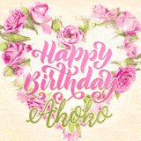 A stunning heart made of pink roses surrounds the elegant script text 'Happy Birthday Akoko' on a soft beige background. Animated sparkles add a magical and festive feel.