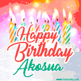 Bright birthday candles with rainbow flames on a cake, alongside the text 'Happy Birthday Akosua' in vibrant script in this celebratory animated GIF.