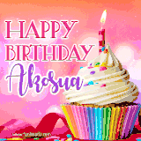 A vibrant birthday GIF featuring a rainbow-colored cupcake topped with white frosting, sprinkles, and a lit candle. The text reads 'Happy Birthday Akosua' in bold pink and violet letters with white outline.