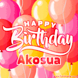 A vibrant name GIF featuring colorful balloons in shades of pink, orange, and yellow with the bold text 'Happy Birthday Akosua' in festive fonts, creating a lively birthday vibe.