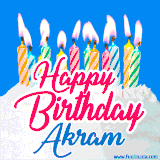 A cheerful animated GIF featuring colorful lit birthday candles on a white cake, with the text 'Happy Birthday Akram' in bold red and blue script on a bright blue background.