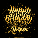 Animated GIF with colorful, festive 'Happy Birthday Akram' text decorated with patterns, a party hat, and falling confetti. A vibrant and cheerful design for birthday celebrations.