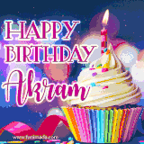 A festive animated GIF featuring a colorful cupcake with a single lit candle, sprinkles, and 'Happy Birthday Akram' text against a sparkling, celebratory background.