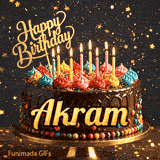 Multi-colored dollops of frosting and burning birthday candles on a chocolate glaze cake, custom-designed for Akram.