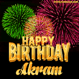 A captivating GIF with bursts of green, pink, and orange fireworks lighting up the night sky, accompanied by 'Happy Birthday Akram' in glowing golden text.