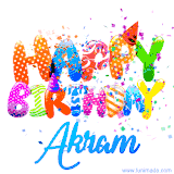 Animated GIF with colorful, festive 'Happy Birthday Akram' text decorated with patterns, a party hat, and falling confetti. A vibrant and cheerful design for birthday celebrations.