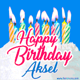 A cheerful animated GIF featuring colorful lit birthday candles on a white cake, with the text 'Happy Birthday Aksel' in bold red and blue script on a bright blue background.