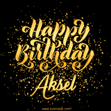 Animated GIF with colorful, festive 'Happy Birthday Aksel' text decorated with patterns, a party hat, and falling confetti. A vibrant and cheerful design for birthday celebrations.