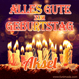 An animated GIF featuring 'Alles Gute Zum Geburtstag Aksel' in glowing red and gold letters above a cake with colorful lit candles, set against a festive sparkling background.