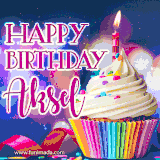A festive animated GIF featuring a colorful cupcake with a single lit candle, sprinkles, and 'Happy Birthday Aksel' text against a sparkling, celebratory background.