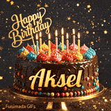 Shimmering animated card featuring a detailed chocolate cake and the name Aksel for his birthday celebration.