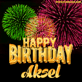 A captivating GIF with bursts of green, pink, and orange fireworks lighting up the night sky, accompanied by 'Happy Birthday Aksel' in glowing golden text.