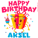 A funny animated birthday GIF with the words 'Happy Birthday Aksela', colorful gift box with arms and legs, holding a cupcake with a lit candle  with confetti everywhere.
