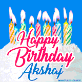 A cheerful animated GIF featuring colorful lit birthday candles on a white cake, with the text 'Happy Birthday Akshaj' in bold red and blue script on a bright blue background.