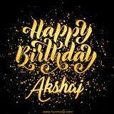Animated GIF with colorful, festive 'Happy Birthday Akshaj' text decorated with patterns, a party hat, and falling confetti. A vibrant and cheerful design for birthday celebrations.