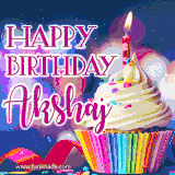 A festive animated GIF featuring a colorful cupcake with a single lit candle, sprinkles, and 'Happy Birthday Akshaj' text against a sparkling, celebratory background.