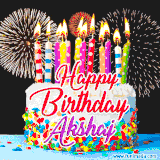 A lively happy birthday animated GIF showcasing a colorful birthday cake covered in sprinkles, topped with glowing candles, and surrounded by vibrant fireworks. The name 'Akshaj' is featured in elegant script.