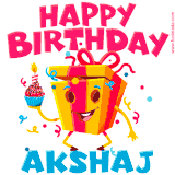 A funny animated birthday GIF with the words 'Happy Birthday Akshaja', colorful gift box with arms and legs, holding a cupcake with a lit candle  with confetti everywhere.