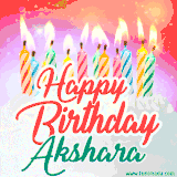 Bright birthday candles with rainbow flames on a cake, alongside the text 'Happy Birthday Akshara' in vibrant script in this celebratory animated GIF.