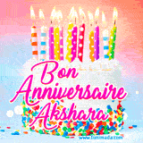 A white birthday cake covered in colorful sprinkles, topped with bright candles, and French text 'Bon Anniversaire Akshara' on a pastel gradient background in an animated GIF.