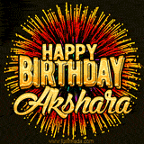 Golden 'Happy Birthday Akshara' text accompanied by animated rainbow fireworks for a festive animated greeting.