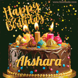A delightful chocolate birthday cake with bright candles and 'Happy Birthday Akshara' written in gold amidst a shower of animated stars.