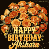 Animated bouquet of orange roses with moving butterfles and golden 'Happy Birthday Akshara' text, surrounded by sparkling accents and a dark backdrop for a luxurious feel.