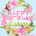 A charming animated GIF featuring 'Happy Birthday Akshara' in pink and green text, surrounded by delicate roses, leaves, and fluttering butterflies on a soft light blue pastel background.