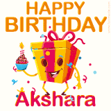 A vibrant and funny gift box character with a happy face dancing with a cupcake and the text 'Happy Birthday Akshara,' surrounded by animated confetti and party vibes.