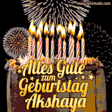 A chocolate birthday cake with glowing candles, the German text 'Alles Gute zum Geburtstag Akshaya,' and vibrant fireworks lighting up the background in an animated GIF.