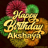 Golden text reading 'Happy Birthday Akshaya' surrounded by vibrant fireworks in red, green, and yellow, set against a dark background in this celebratory birthday GIF.