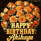 Animated bouquet of orange roses with moving butterfles and golden 'Happy Birthday Akshaya' text, surrounded by sparkling accents and a dark backdrop for a luxurious feel.