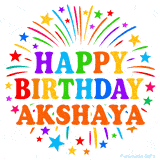 Happy Birthday Akshaya' GIF with rainbow-colored letters, colorful stars, and fireworks on white background.