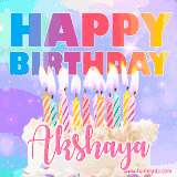 A vibrant animated name GIF with the words 'Happy Birthday Akshaya' with colorful candles on a creamy cake. The background sparkles with pastel shades, adding a festive touch.