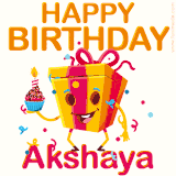 A vibrant and funny gift box character with a happy face dancing with a cupcake and the text 'Happy Birthday Akshaya,' surrounded by animated confetti and party vibes.