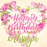 A stunning heart made of pink roses surrounds the elegant script text 'Happy Birthday Aksinya' on a soft beige background. Animated sparkles add a magical and festive feel.